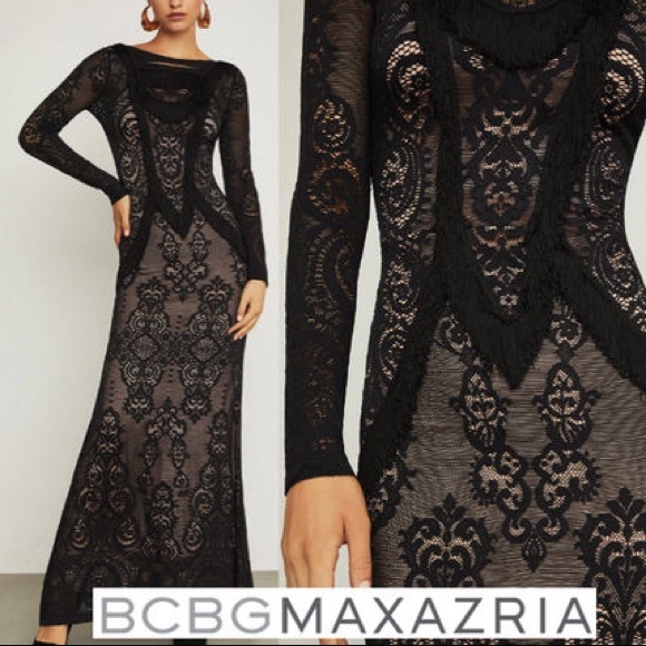 bcbg scrolling lace gown